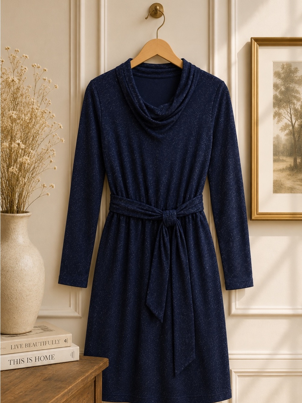 Market & Spruce Navy Shimmer Midi Dress | Long Sleeve Tie Waist Dress | Elegant - Picture 2 of 8